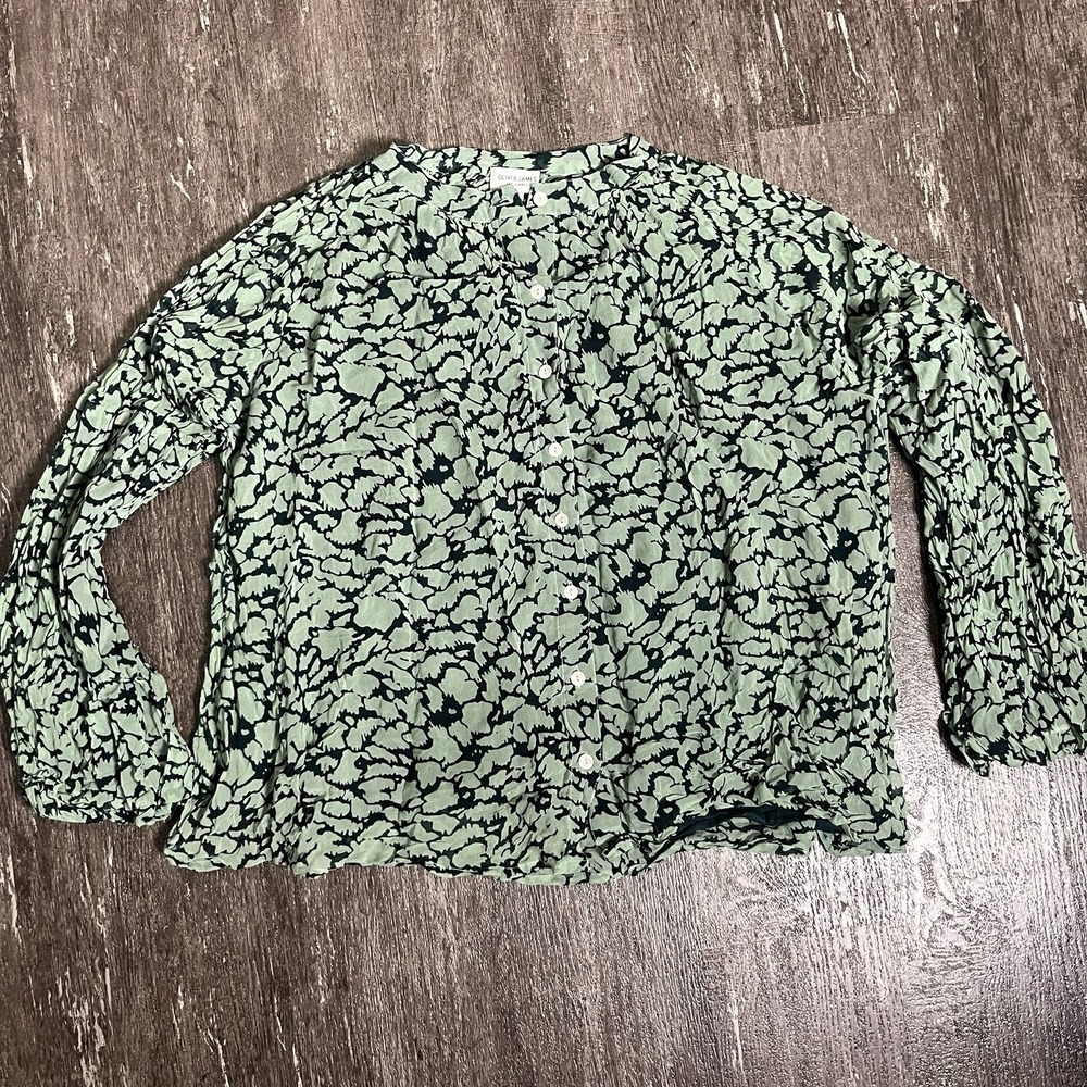Olivia James The Label Women's L Green Gauzy Button Up Top Long Balloon Sleeve
